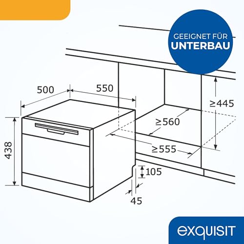 Exquisit Tischgeschirrspüler | 6 Maßgedecke, Energieklasse D, 49 dB Geräusch | 7 Programme, Extra-Trocknung, Selbstreinigung, Startzeitverzögerung, Door Open, Wasserschutz | GSP5206-030D schwarz