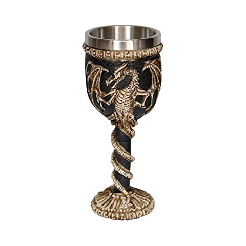 OTARTU Stainless Steel Medieval Dragon Chalice Goblet, Gothic Dragon Skeleton Ossuary Wine Cups 7oz. Cover
