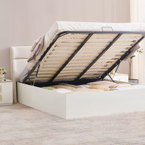 Image of Home Centre Senorita Elena Queen Bed |Engineered Wood with Hydraulic Bed Queen Bed| (Cream) |1 Year Warranty