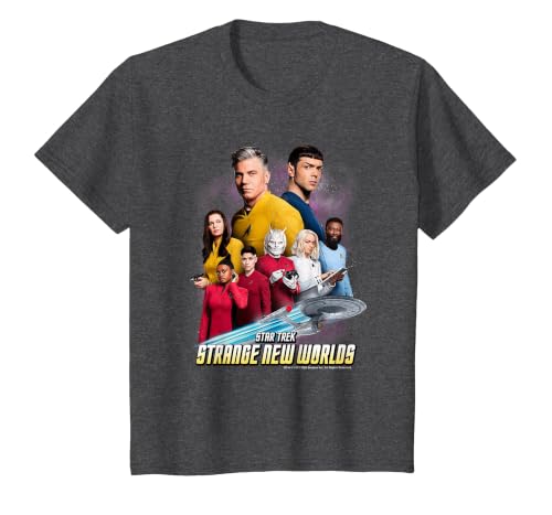 Star Trek Strange New Worlds Crew Pike Spock Uhura Ortegas T-Shirt, Youth, Dark Heather Grey, 3T