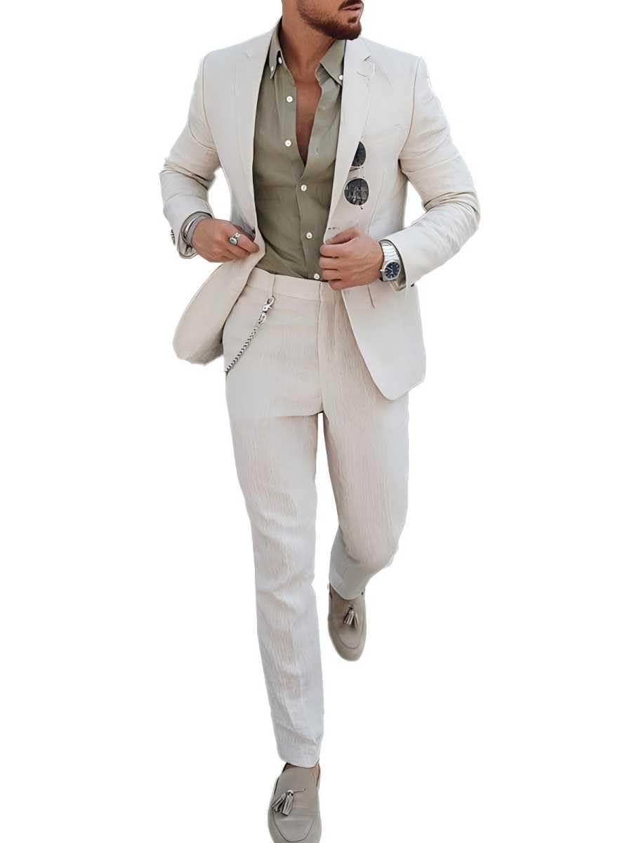 Completo da uomo in lino, stile casual, 2 pezzi, vestibilità regolare, blazer con un bottone, giacca e pantaloni per ballo di fine anno e festa di nozze