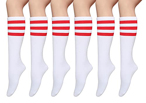 Pareberry Casual Cotton Solid & Triple Stripe Colors Knee High Tube Socks-3 Pairs (A08-Red White)
