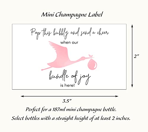 BABY GIRL Baby Shower Mini Champagne Labels - She’s About To POP Mini Champagne Bottle Labels ● SET of 12 ● Thank You for Celebrating with us - Pink Stork Bundle of Joy Favors WATERPROOF M102-STORK-12