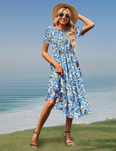 YESNO Women's Summer Causal Puff Short Sleeve Smocked Dress Elastic Waist Tiered Midi Dress with Pockets M EP2UK CR415 - Image 3