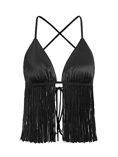 Verdusa Women's Western Cowgirl Rave Outfits Backless Fringe Sleeveless Satin Crop Going Out Top Clubwear Black Medium