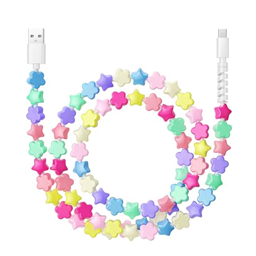 HianDier USB C Cable USB to USB C Charging Cable 3.3FT Cute Flower Star Bead Fast Charger Cord for Girls Women Compatible with iPhone 16 15 Pro Max for Galaxy S25 S24-Candy Colored