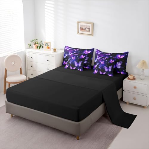 Image of Erosebridal Purple Butterflies 7 Pieces Bedding Set King,Starry Sky Galaxy Bed in a Bag,Dreamy Butterfly Bed Set Includes Comforter,Sheet Set,Pillowcases & Pillow Covers,Neon Wildlife Bedroom Decor