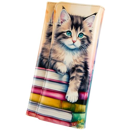Image of Womens Wallet Leather RFID Blocking Trifold Ladies Purse long Clutch Credit Card Holder Phone Checkbook Organizer (Watercolor Books Cat)