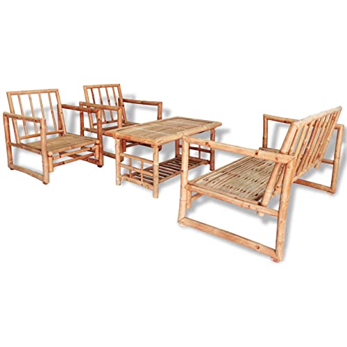 Salon de Jardin 4 pcs avec Coussins Bambou,Table Et Chaise en Rotin,Patio Furniture,Salon De Jardin Textilene – Image 3
