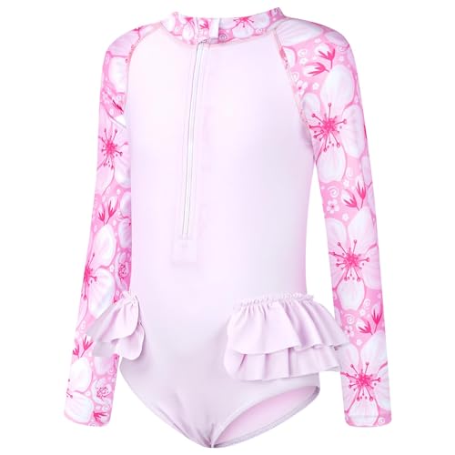 JiAmy Mädchen Badeanzug Einteiler Langärmelig Reißverschluss Rüsche Bademode Sommer Rash Guards für Kinder 8-9 Jahre, Etikett:130, Rosa