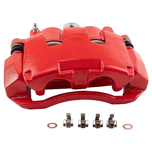 Image of TRQ Front Brake Caliper Set Painted Red Brackets Compatible with 2007-2009 Chrysler Aspen 2007-2009 Dodge Durango 2009-2010 Dodge Dakota Ram 1500 2011-2018 Ram 1500 2011 Ram Dakota