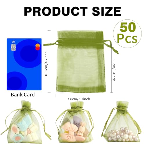 Image of BOEIAC Organza Bags, Sheer Organza Bags 50Pcs, Small Organza Bags with Drawstring 3 x 4 inch, Jewelry Gift Bags, Mesh Party Wedding Favor Bags Mini Candy Bags for Wedding Christmas, Army Green