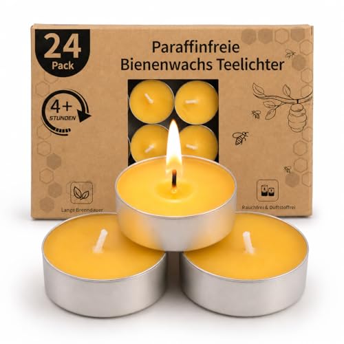 24 Pack de Bougies Chauffe-Plat en Cire d'Abeille - Bougie en Cire d'Abeille Pure, Bougies Bio Naturelles sans Parfum - Sans Fumée & Brûlure Propre avec Plus de 4 Heures de Durée de Combustion