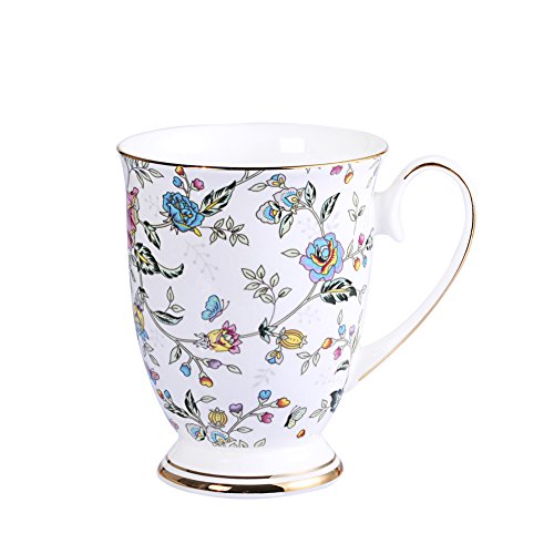 AWHOME Royal Bone China Coffee Mug Assorted Colors Tea Cup 11 oz (1, Flowers)