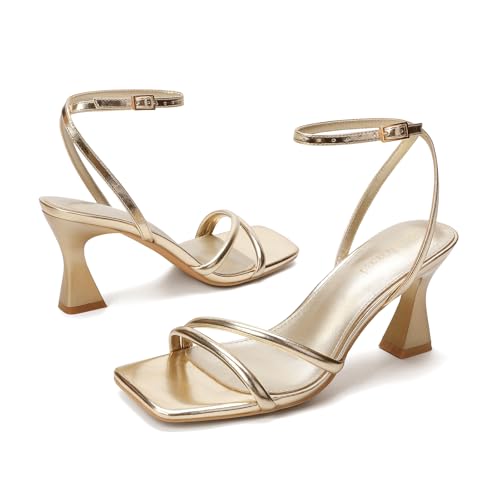 Image of Goderci Women's Kitten Strappy Mid heels Square Open Toe Ankle Strap Heeled Sandals