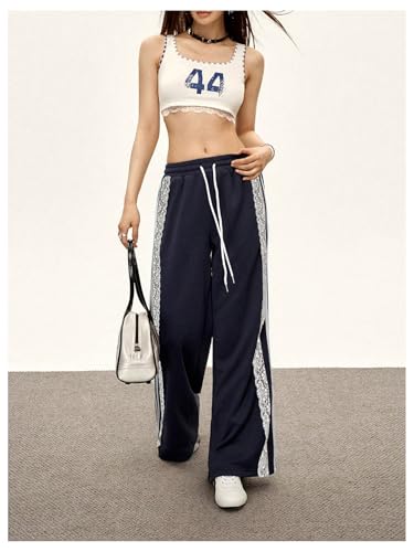 MakeMeChic Women's Floral Lace Striped Pants Drawstring Wide Leg Y2k Sweatpants Trousers4