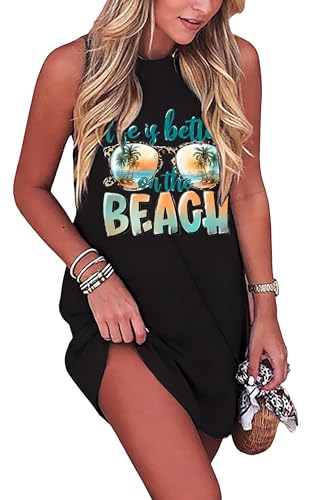 Image of Sun Salt Sand Coconut Tree Tank Mini Dress for Women Sleeveless Beach Praty Shirts Summer Vacation Short Mini Dresses