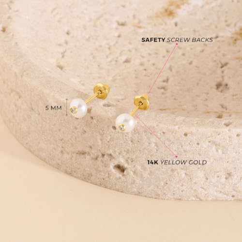 In Season Jewelry 14k Yellow Gold Simulated Pearl Stud Earrings - Small Simulated Pearl Earrings For Babies and Toddlers - Baby Girl Earrings For Special Occasions4