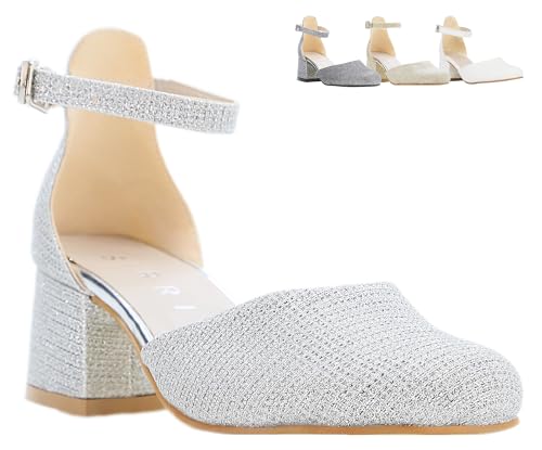 Girls' Silver Ankle Strap Block Heel Shoes - Ideal for Weddings, Parties, and Formal Events, Size US Little Kid 11