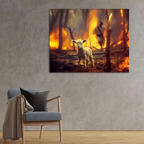 Image of Jesus and Lamb Canvas Wall Art Lamb Lost in the Forest Fire Picture Wall Art Canvas Print Christian Home Decor 12x16 inch