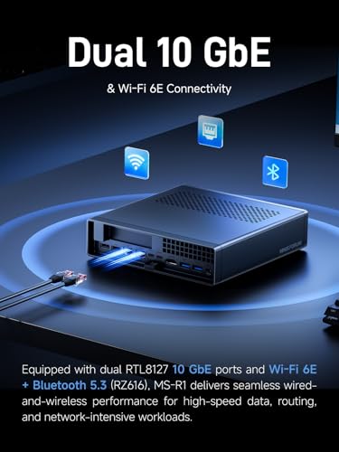 Image of MINISFORUM MS-R1 ARM Mini Workstation with UEFI Boot CIX CP8180(12C /12T, up to 2.6GHz), 45 Tops, 64GB ECC LPDDR5 NO SSD Mini PC, PCIe x16 Slot, 2X 10GbE LAN, HDMI /2xUSB-C Triple Display, VM & Docker