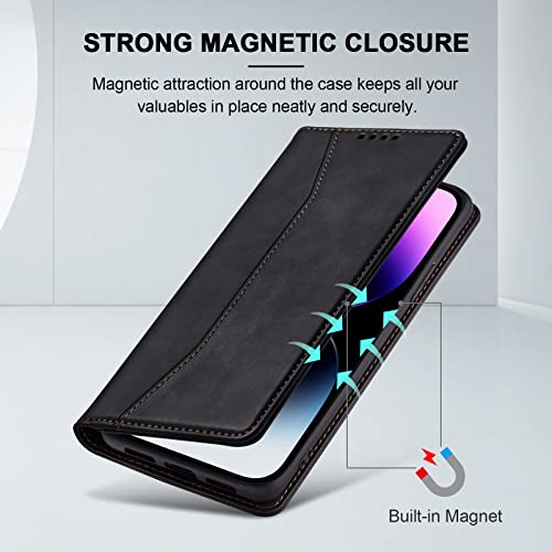 Image of Jasonyu Flip Wallet Case for iPhone 14 Pro max,Leather Magnetic Folio Cover with Card Holder,Kickstand - TPU Shockproof Durable Protective Phone Case,Black