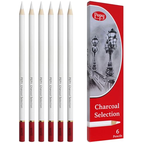 Pepy Professional White Charcoal Pencil Set Set of 6 Pre-Sharpened White Charcoal Pencils; Perfect for Drawing Sketching Blending and Shading