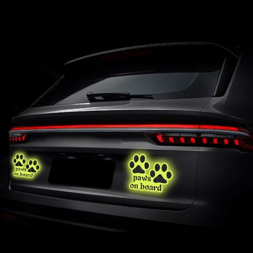 Image of 2pcs Reflective Paw Print Decal Dog Paws on Board Car Window Sticker Safety Warning Sign Stickers Funny Reflective Vinyl Stickers for Car Motorcycles Laptop (Fluorescent Green)