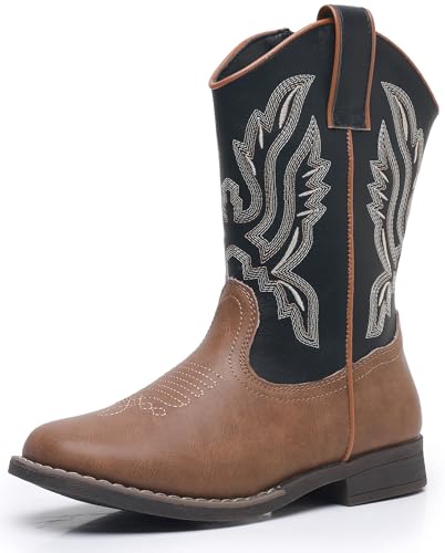 Apakowa Kids Cowboy Boots - Cowboy and Cowgirl Boots for Boys and Girls, Mid-Calf Square Toe Western Rodeo Boots with Embroidery and Side Zipper (Toddler/Little Kid/Big Kid)