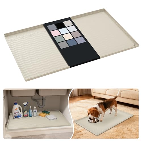 URMONA Waterproof Silicone Under Sink Mat 31'' x 22'' Shelf Liner for Kitchen and Bathroom, Cabinet and Counter Protector, Storage and Organizers, Litter Mat, Pet Cat Puppy Essentials(Cream)
