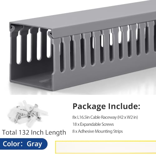 Image of 2 inch H x 2 inch W Cable Raceway, 132in Under Desk Wire Management Channel, Grey | Slotted Wire Duct, 8Pack, 16.5in Each, Heavy-Duty PVC Cable Management for Server Racks, Network Cables & Electrical Cabinets