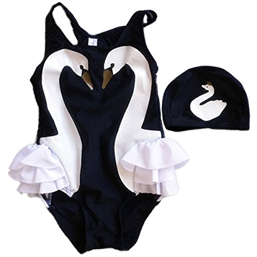 Baby Kids Girls One Pieces Swimwear Swan Flamingo Cartoon Swimsuit Bating Suits with Caps 5-6 Years