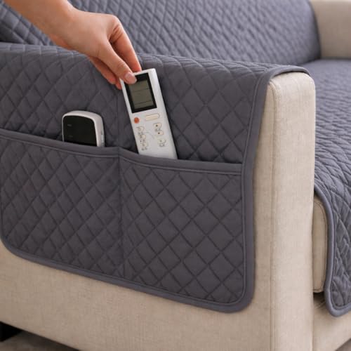 Image of STITCHNEST 'Airsoft Range Series' Solid Quilted Velvet Sofa Cover for 3 Seater | Premium Soft Velvet Sofa Protector | Grey Diamond Quilted Design with Armrest Pockets | Furniture Cover