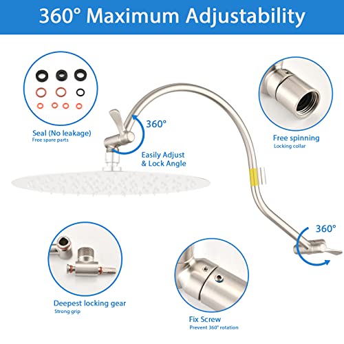 Pdpbath Shower Extension Arm, 16" Upgrade Stainless Steel Shower Head Extender, Adjustable Height Extended With G1/2 Universal Connection For Large Vertical Rainfall Shower Head - Brushed Nickel #TOP1