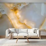 Carta da parati Motivi Di Pietra D'Agata 200 x 140cm Fotomurali in Seta Murale Decorazione Venature Minerali Traslucide Carta per Pareti per Bagno Soggiorno Camera da Letto Cucina Giallo Chiaro Bianco