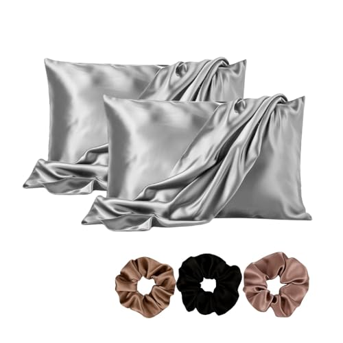 Image of Satin Pillow Covers Set of 2 - Soft & Smooth Pillowcases for Hair & Skin Care | Envelope Closure | Includes 3 Free Random Color Scrunchies | Frizz-Free Sleep Essentials (Gray)