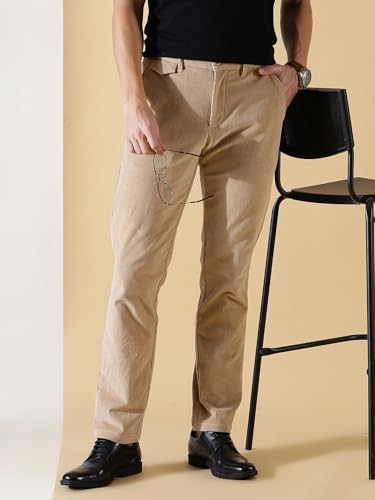 Image of Thomas Scott Men Beige Smart Slim Fit Easy Wash Corduroy Cotton Chinos (Size: 40)