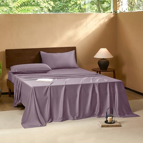 Image of EVERLY Queen Sheets Set,Luxuriously 400 Thread Count Organic Viscose Derived from Bamboo Bed Sheet,Cooling Sheets for Queen Size 4 Piece Deep Pockets Bedding Sheets &Pillowcases-Purple