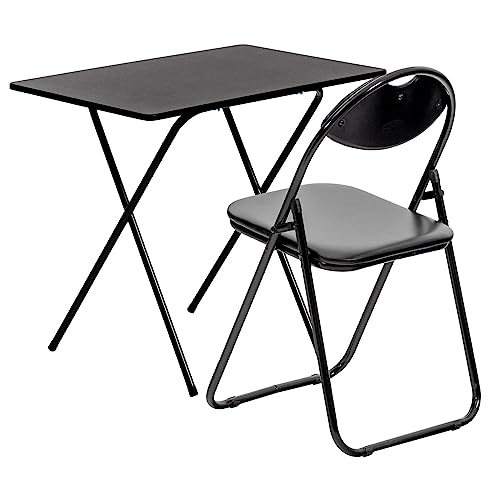 2pc All Black Folding Wooden Desk & Chair Set - 80cm x 50cm x 70cm Small Home Office Bedroom Computer Gaming Study Table - by Harbour Housewares