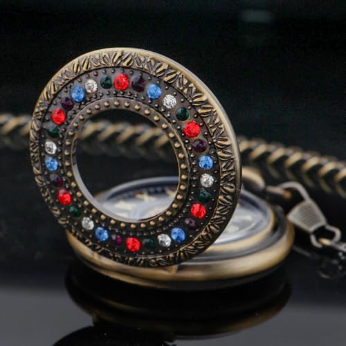 Image of Half Hunter Hand Wind Up Mechanical Pocket Watch Vintage Roman Numerals Skeleton Watches with Chain&Box