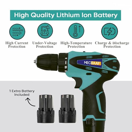 Image of 12V Li-ion Cordless Drill Machine | Screwdriver | Chuck 10mm | 1350RPM | Torque 18+1 | Pistol Grip | Spiral Drill | 24 Accessories drill bits in carrying tool kit