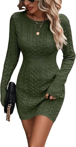 ELFIN Strickkleid Damen Bodycon Pulloverkleid Elegant Herbst Winterkleid Rundhals Langarm Freizeitkleid Cable Knit Sexy Minikleid (S, Olive)