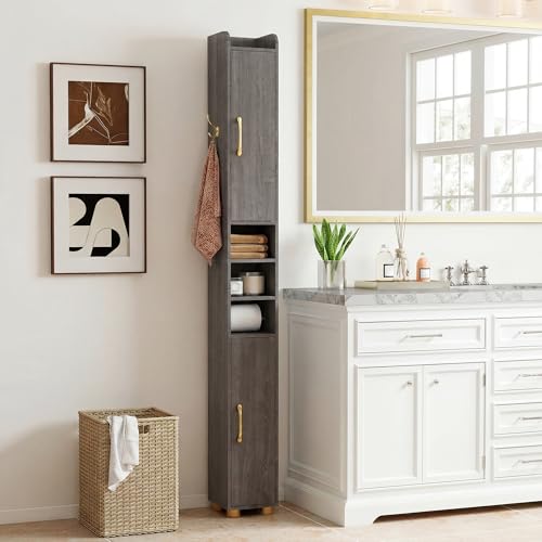 Image of Tangkula Narrow Bathroom Cabinet, 69.5 inch Tall Storage with 2 Doors & Adjustable Shelves, Toilet Paper Rod & Side Hook, Anti-toppling Design, Slim Floor Cabinet for Small Spaces (Gray, 1 Pack)