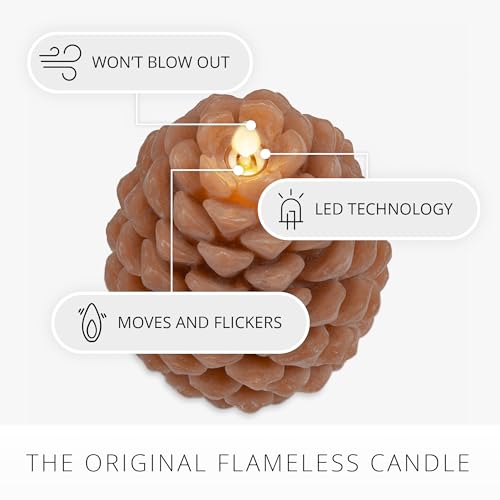 Image of Luminara Flameless Candle 4.7 inch x 6 inch Battery Operated with Timer Real Wax Unscented LED Pinecone Caramel Cafe Chalky Finish Pine Cone Figural Holiday Decoration Rustic Centerpiece Table Decor