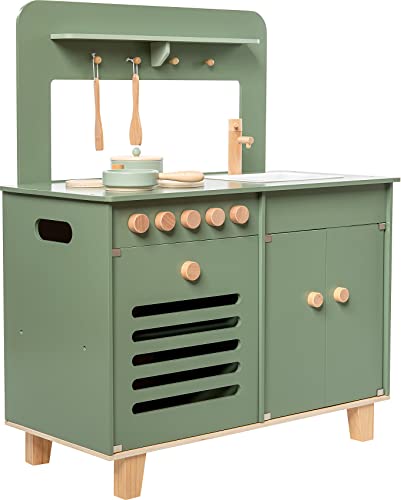 myToys ORIGINALS Spielküche groß, grün mit Zubehör, Herd mit 4 Holzplatten, inkl. Backofen, Pfanne, Topf, Tafel für… – Bild 7