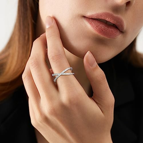 Moissanite Rings for Women, D Color VVS1 Clarity Moissanite Criss Cross Wedding Band 18K White Gold Plated Sterling Silver X Ring Eternity Bands for Women3