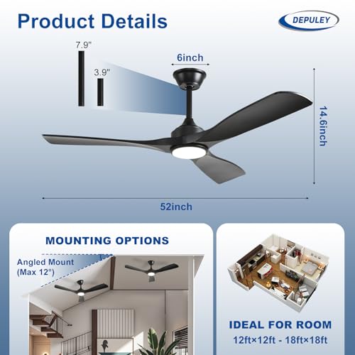 Depuley 52-Inch Ceiling Fan with Light: Black 3 Blade Outdoor Fans for Patios - Dimmable Indoor Fan with Remote Control Living Room Fandelier Ceiling Fans Ultra Quiet DC Motor Reversible 6 Speed Timer thumbnail 2