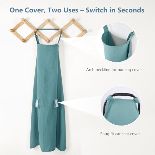 Image of Hooyax 2-in-1 Baby Car Seat Cover & Nursing Cover, 100% Muslin Cotton, Breathable Car Seat Canopy and Privacy Breastfeeding Cover, Blue