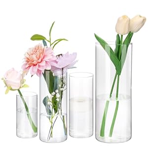 Fixwal 4pcs Clear Glass Cylinder Vases, 4, 6, 8, 10 Inch Tall Cylinder Vases for Centerpieces, Glass Flower Vase Floating Candle Holder Vase for Table Shelf, Party, Wedding, Home Decor