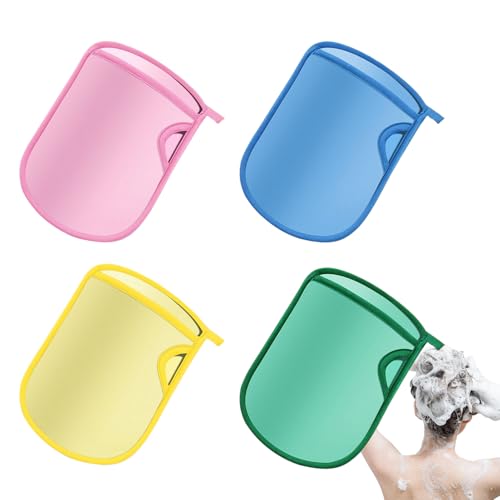 Guantes de exfoliación corporal, 4 guantes de fregado corporal, guantes reutilizables de secado rápido, guantes de spa, masaje suave cepillado en seco para limpieza de piel sensible, 7.1 x 5.1